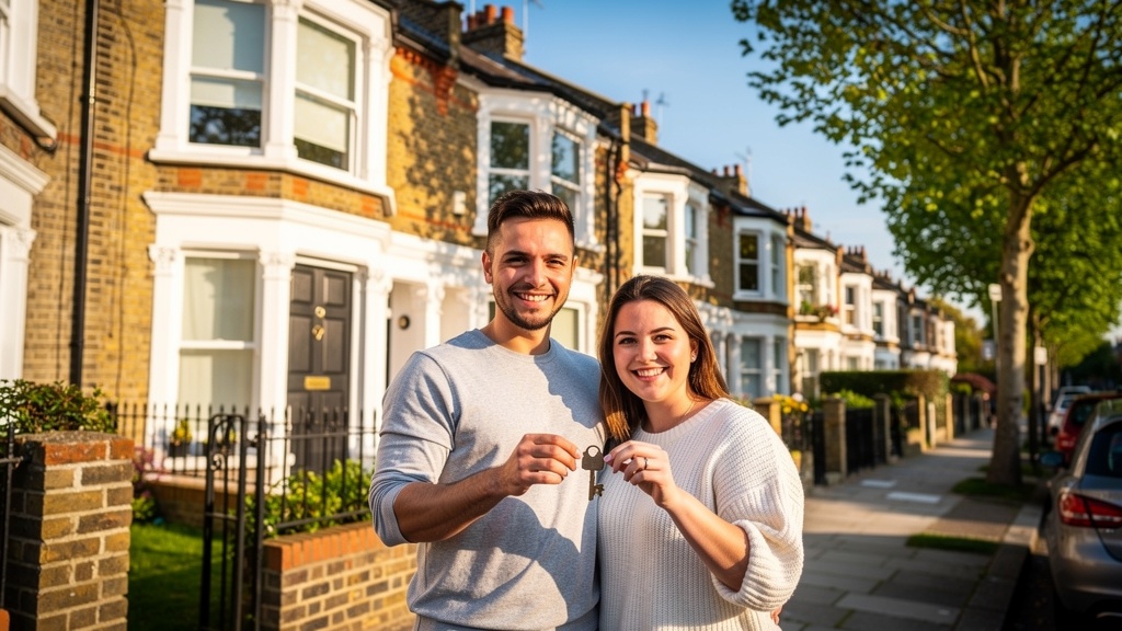 First-time buyers holding house keys outside a South London Victorian home