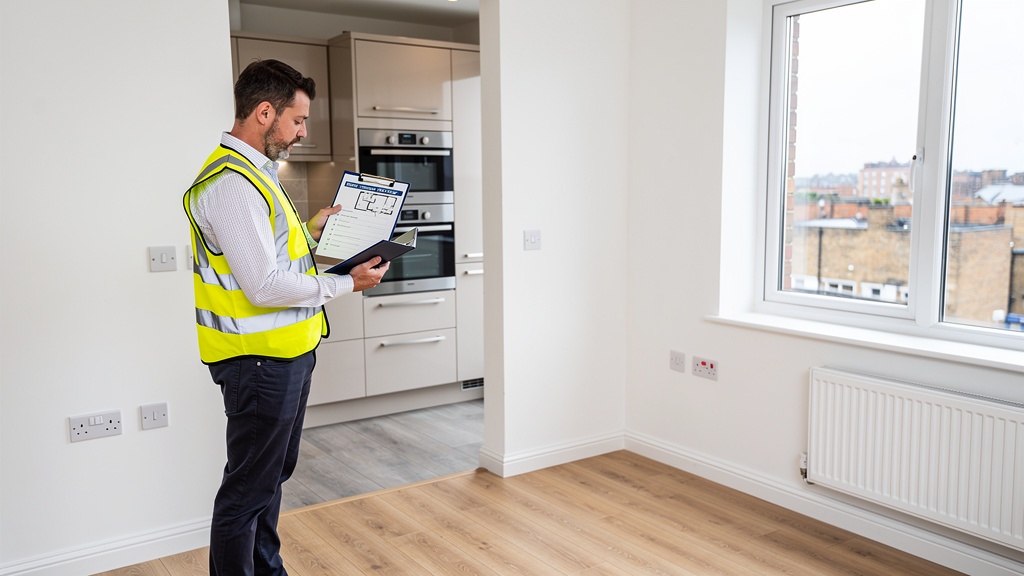 Surveyor inspecting a leasehold flat interior in South London