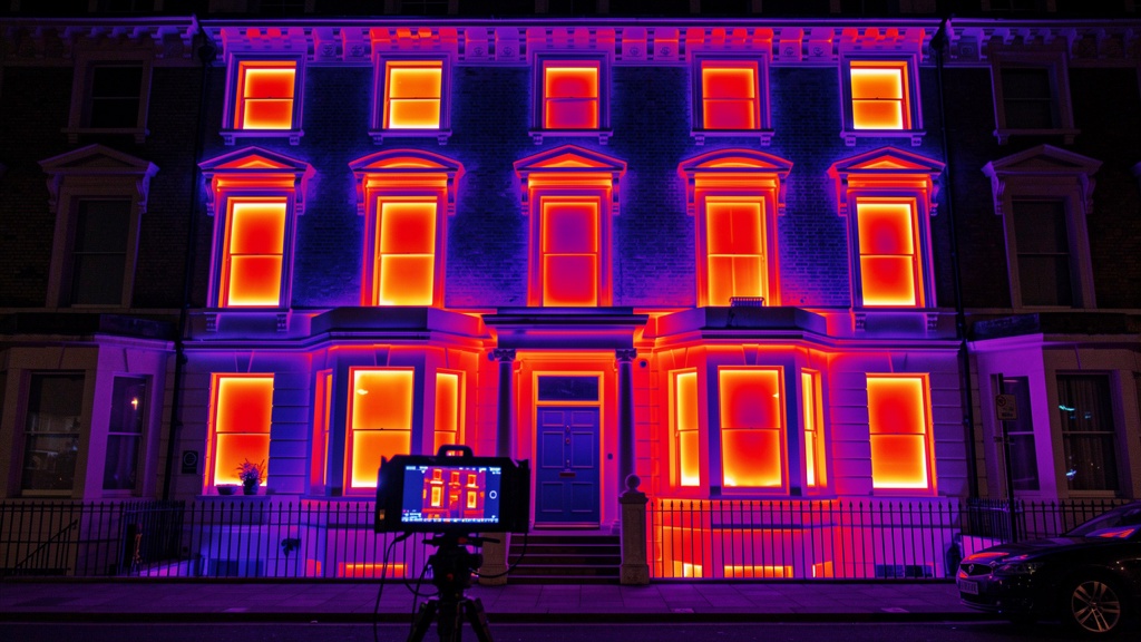 Thermal imaging camera showing heat loss in a London property
