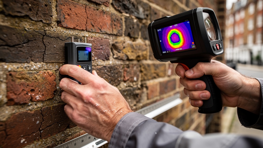 Surveyor using inspection tools on a London property